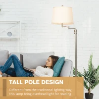 HOMCOM Standing Floor Lamp Tall Pole Light with Shade, Metal Round Base Adjustable Support Pole, E26 Bulb Base, for Bedroom, Living Room, Office, Silver/Beige(m-7)