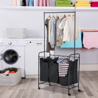 HomCom 3 Bag Heavy Duty Divided Laundry Hamper Sorter Cart With Wheels And Hanging Bar - Black(m-2)