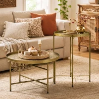 HOMCOM Coffee Table Set for Living Room, Round Center Table Set with Hammered Tray Top and Metal Frame for Bedroom, Gold(m-6)