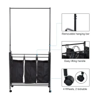HomCom 3 Bag Heavy Duty Divided Laundry Hamper Sorter Cart With Wheels And Hanging Bar - Black(m-4)