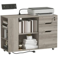 HOMCOM Filing Cabinet with Power Outlets File Cabinet Lockable Casters File Drawer Side Cubbies Light Grey Brown(m-13)