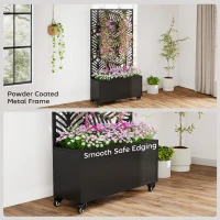 Outsunny Metal Planter Box with Trellis, Raised Garden Bed with Monstera Leaf Cut-Out Privacy Screen and Wheels(m-8)