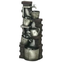 Outsunny 5-Tiered Faucet & Barrel Outdoor Water Fountain with LED Lights, Adjustable Flow, 39.4-inch Resin Waterfall Fountain(m-9)