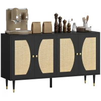 HOMCOM 55" Sideboard Buffet Cabinet, Boho Storage Cabinet with Adjustable Shelves, Soft Close Doors and Rattan Front, Black(m-9)