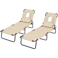 Outsunny Folding Lounge Chair Set of 2, Reclining Beach Tanning Chair with Face Hole, Pillow, 4-Position Adjustable Flat Sun Lounger, Steel Frame for Outdoor Patio Pool, Beige(m-2)