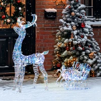 Outsunny Lighted Christmas Reindeer with Sleigh, Outdoor Reindeer with 170 LED Lights and Stakes, Holiday Decor, Silver(m-7)