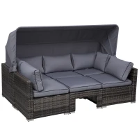 Outsunny 4-Piece Outdoor Rattan Wicker Sofa Set Patio Furniture Sets with Retractable Sun Canopy, Deep Soft Cushions & Classic Design, Grey(m-4)