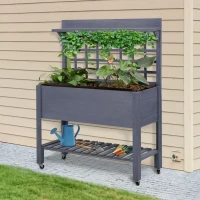 Outsunny 41" Raised Garden Bed Mobile Elevated Wooden Planter Box Stand with Wheels, Trellis and Storage Shelf, Gray(m-2)