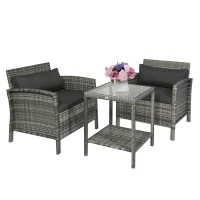 Outsunny 3 Piece Patio Furniture Set w/ Cushions, PE Rattan Outdoor Table And Chairs, 2-Tier Glass Top Coffee Table, Gray(m-11)