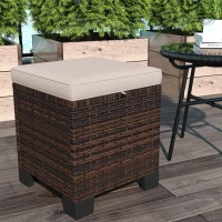 Outsunny 2 Piece Wicker Outdoor Ottomans with Cushions, Rattan Ottoman Footrest and Side Table for Patio, Yard, Poolside, Cream(m-8)