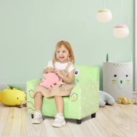 Qaba Kids Sofa, Armrest Chair for Preschool, Toddler Couch for Kids Room, Kindergarten with Cute Animal Print, Super-soft Velvet, Eucalyptus Wood, Green(m-1)