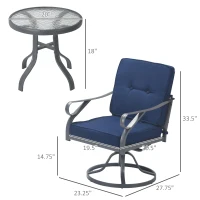 Outsunny 3 Piece Outdoor Patio Bistro Set with 2 360-Degree Swivel Rocking Chairs, Cushions, and 1 Tempered Glass Table, Blue(m-3)