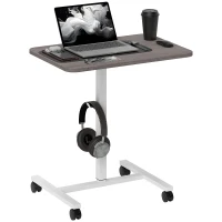 HOMCOM Height Adjustable Standing Desk, Pneumatic Sit Stand Desk with Wheels and Headphone Hook, Grey Wood Grain(m-2)