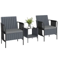 Outsunny 3 Piece Wicker Patio Furniture Set, Outdoor Bistro Set, Side Pockets, Mesh Seat, 2 Tier Glass Table, Cushions, Grey(m-9)