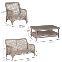 Outsunny 4pc Outdoor Patio Furniture Set, 2 Rattan Chairs, 1 PE Wicker Loveseat Sofa, 1 Center Coffee Table w/ Tempered Glass Table-Top, Soft Cushions for Garden, Cream White(m-3)