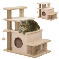 PawHut Cat Stairs Pet Steps for Couch Bed with Scratching Posts Condo Ball Toy, 23.6" x 15.7" x 26", Beige(m-9)