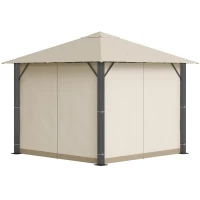 Outsunny 10' x 10' Patio Gazebo Aluminum Frame Outdoor Canopy Shelter with Sidewalls, Vented Roof for Garden, Lawn, Backyard, and Deck, Khaki(m-11)
