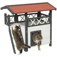 PawHut Wooden 2-Story Shelter for Feral Cats with Asphalt Roof, Stairs, Balcony, 30" x 20" x 29", White(m-13)