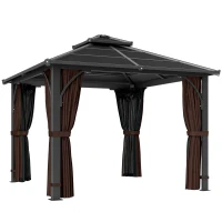 Outsunny 10' x 10' Hardtop Gazebo with 7mm Polycarbonate Double-Tier Roof, Outdoor Gazebo with Netting and Curtains, Coffee(m-9)