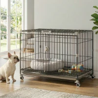 PawHut Dog Crate, 30 Inch Metal Dog Cage with Removable Tray, Lockable Wheels, 2 Doors for Small Medium Breeds, Black(m-8)