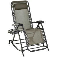 Outsunny Outdoor Rocking Chairs, Foldable Reclining Zero Gravity Lounge Rocker with Pillow, Cup & Phone Holder, Combo Design with Folding Legs, Gray(m-1)