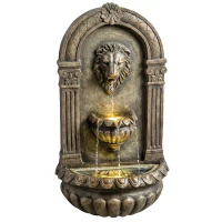 Outsunny Wall-Mounted 3-Tier Outdoor Fountain, Resin Cascading Waterfall with LED Lights and Adjustable Flow, Rustic Brown(m-9)