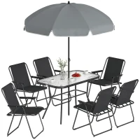 Outsunny 8 Piece Patio Table and Chairs Set with Folding Chairs, Tempered Glass Tabletop and Umbrella for Garden, Black(m-9)