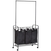 HomCom 3 Bag Heavy Duty Divided Laundry Hamper Sorter Cart With Wheels And Hanging Bar - Black(m-1)