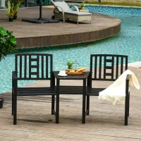 Outsunny Tete-a-Tete Garden Bench with Center Table, Metal Frame, Outdoor 2-Person Loveseat with Armrest for Patio Backyard Porch Black(m-3)