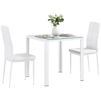HOMCOM 3-Piece Rectangular Glass Kitchen Table and Chairs with Metal Frame and Faux Leather Upholstery for Dining Room, White(m-9)
