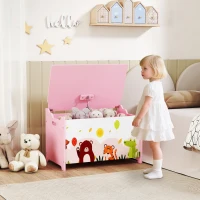 Qaba Kids Storage Chest with Lid, Toy Box Organizer with Safety Hinges for Playroom, Bedroom, Living Room, Pink(m-8)