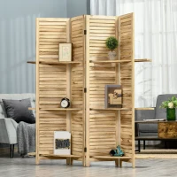 HOMCOM Room Divider, 4 Panel 67" Tall Wood Privacy Screen with 3 Display Shelves, and Folding Storage for Bedroom or Home Office, Natural Wood Color(m-2)