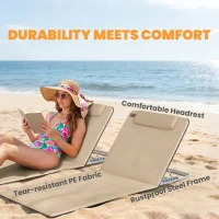 Outsunny 2 Pieces Beach Lounge Chair, Outdoor Folding Chaise Lounge Set w/ Pillow for Sunbath, Snap, Beige(m-6)