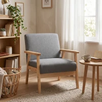 HOMCOM Minimalistic Accent Chairs Wood Frame w/ Thick Linen Cushions Wide Seat Armchair for Bedroom Office, Grey(m-8)