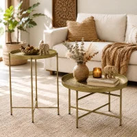 HOMCOM Coffee Table Set for Living Room, Round Center Table Set with Hammered Tray Top and Metal Frame for Bedroom, Gold(m-8)