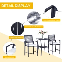 Outsunny 3pcs Patio Bar Set with Soft Cushion, Rattan Wicker Outdoor Furniture Set for Backyards, Lawn, Deck, Poolside(m-6)