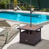 Outsunny 22" Outdoor Side Table with Umbrella Hole, Rattan Wicker End Table with Sand Bag and Steel Frame for Patio, Garden, Backyard, Brown & Light Yellow(m-10)