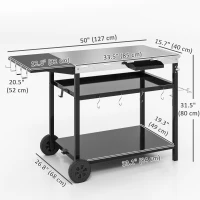Outsunny Outdoor Bar Cart BBQ Table with Wheels, Stainless Steel Pizza Oven Stand, Outdoor Kitchen Cart with Storage and Hooks(m-3)