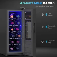 HOMCOM Wine Fridge, 12 Bottle, Under Counter Drinks Beer Wine Cooler with Glass Door, LED Light, Temperature Control(m-6)