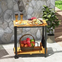 Outsunny Acacia Wood Outdoor Bar Cart with Wheels, Rolling 2-Tier Coffee & Drink Cart with 3 Bottle Holders, Teak(m-2)