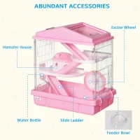 PawHut 3-Tier Hamster Cage Rodent Gerbil Habitat Rat House with Steel Wire, Exercise Wheel, Food Dish, Water Bottle, Pink(m-6)