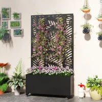 Outsunny Metal Planter Box with Trellis, Raised Garden Bed with Monstera Leaf Cut-Out Privacy Screen and Wheels(m-9)