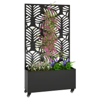 Outsunny Metal Planter Box with Trellis, Raised Garden Bed with Monstera Leaf Cut-Out Privacy Screen and Wheels(m-10)