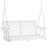 Outsunny 46" 2-Person Porch Swing Wooden Patio Swing Bench with Cup Holders, Slatted Design, Chains, 440lb Weight Capacity, White(m-1)