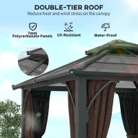 Outsunny 10' x 10' Hardtop Gazebo with 7mm Polycarbonate Double-Tier Roof, Outdoor Gazebo with Netting and Curtains, Coffee(m-4)