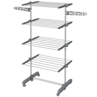 HOMCOM Garment Drying Rack Stainless Steel Folding Clothes Hanging Rack with Side Wings Castors for Indoor Outdoor Grey(m-9)