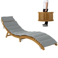 Outsunny Folding Chaise Lounge Chair Outdoor, Acacia Wood Lounger Tanning Chair with Cushion, Headrest, Light Grey(m-9)
