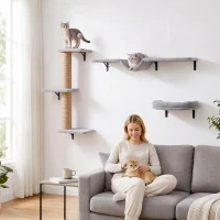 PawHut Cat Wall Shelves, 3-in-1 Wall-Mounted Cat Climber Set w/ Bed, Platforms, Hammock, Scratching Posts and Spring Ball(m-8)