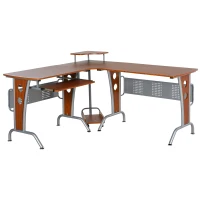 HOMCOM L-Shaped Corner Computer Office Desk Workstation with Elevated Shelf, Rolling Keyboard Tray, & Convenient CPU Stand, Brown(m-1)