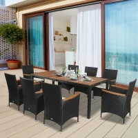 Outsunny 9 Pieces Outdoor Dining Set for 8, Wicker Rattan Patio Furniture Set, Patio Table and Chairs Set with Cushions, Acacia Wood Table Top, Conversation Set for Garden Backyard Deck, Cream White(m-2)